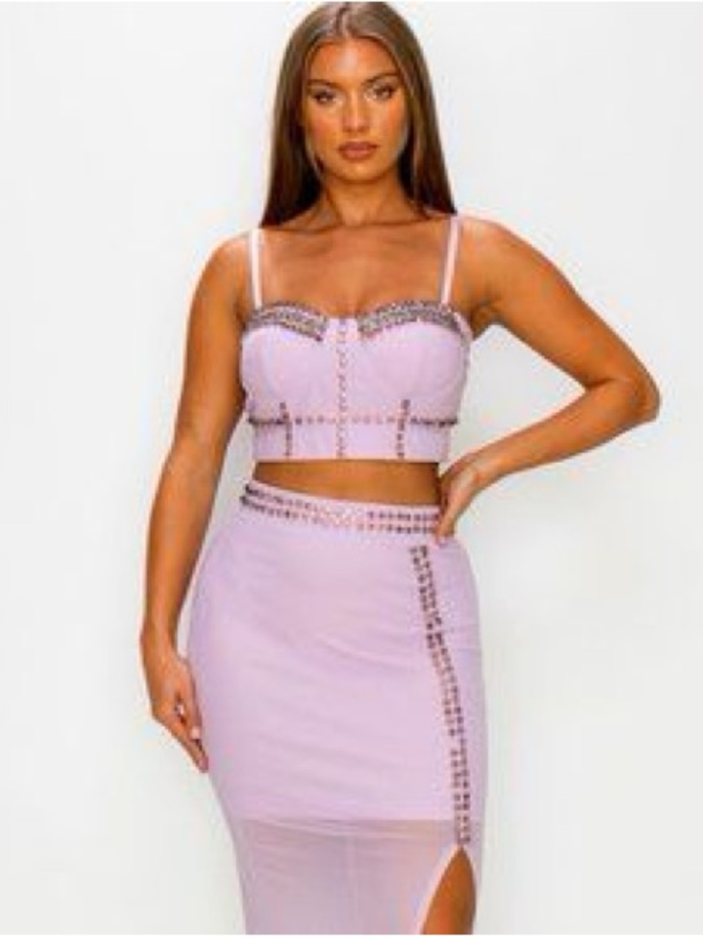 Black Crystal-Embellished Crop Top & High-Slit Skirt Set - Picture 8 of 8